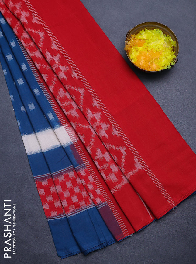 Ikat cotton saree peacock blue and red with allover ikat butta weaves and long long simple border