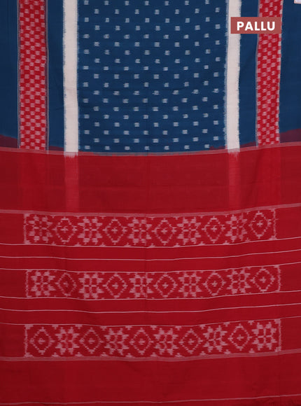Ikat cotton saree peacock blue and red with allover ikat butta weaves and long long simple border