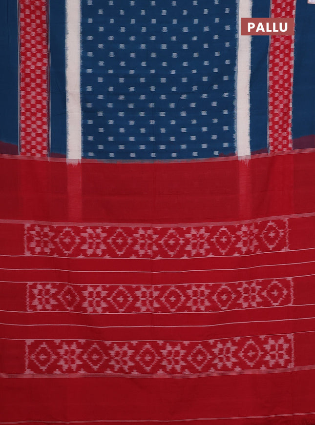 Ikat cotton saree peacock blue and red with allover ikat butta weaves and long long simple border