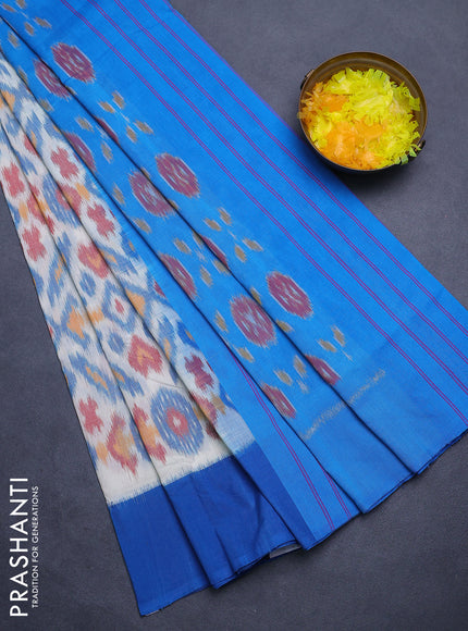 Ikat cotton saree off white and cs blue with allover ikat weaves and simple border