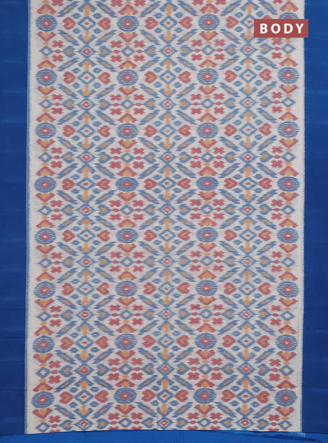Ikat cotton saree off white and cs blue with allover ikat weaves and simple border
