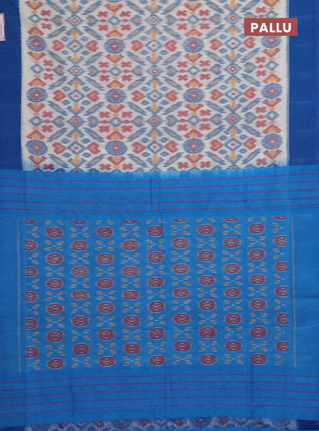 Ikat cotton saree off white and cs blue with allover ikat weaves and simple border