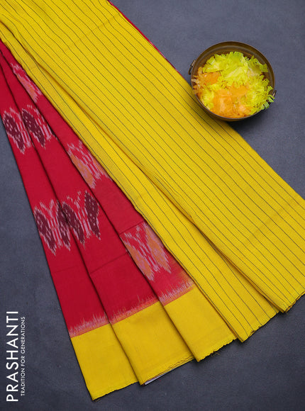 Ikat cotton saree pink shade and yellow with allover ikat butta weaves and simple border