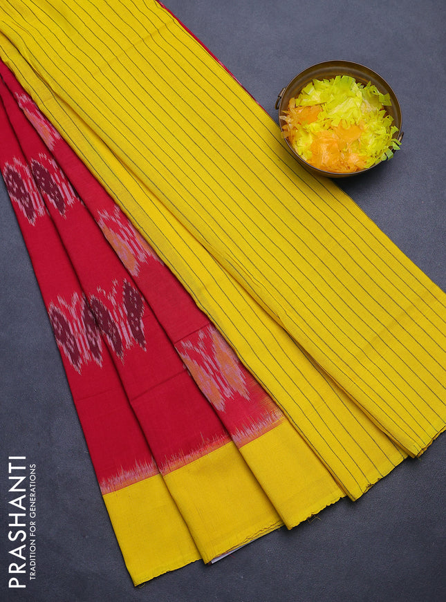 Ikat cotton saree pink shade and yellow with allover ikat butta weaves and simple border