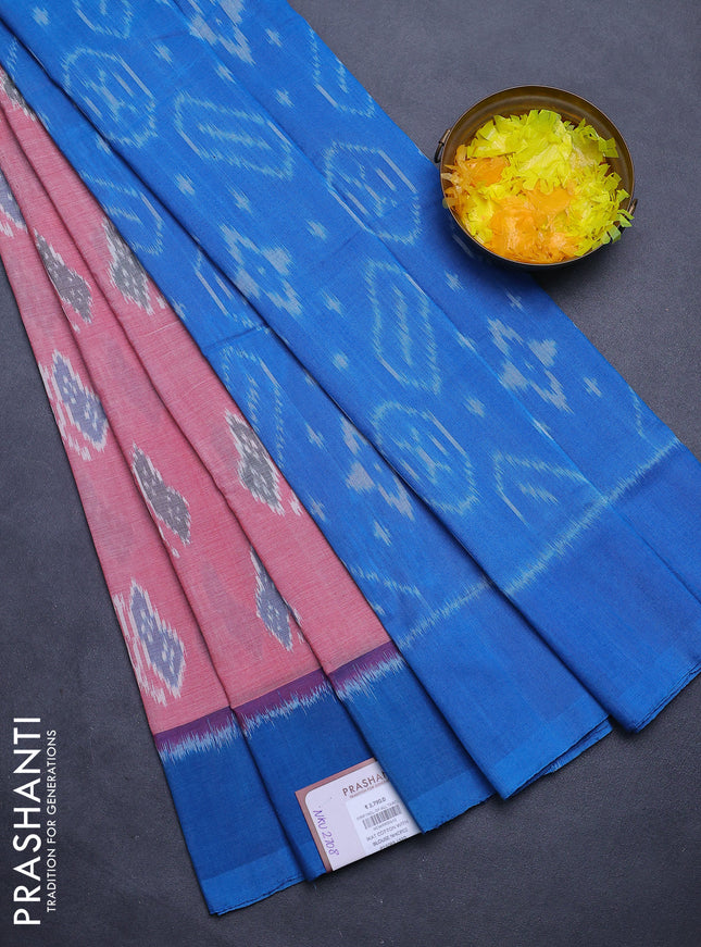 Ikat cotton saree pink shade and cs blue with allover ikat butta weaves and simple border