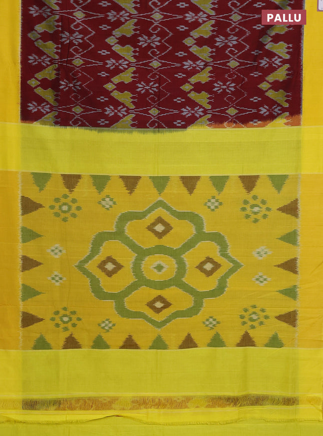 Ikat cotton saree maroon and yellow with allover ikat weaves and simple border