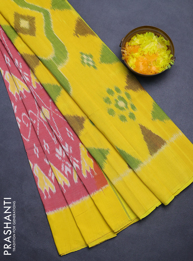 Ikat cotton saree red shade and yellow with allover ikat weaves and simple border
