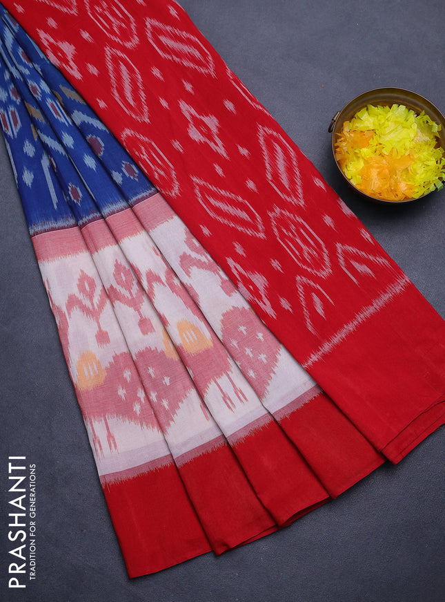 Ikat cotton saree peacock blue and red with allover ikat weaves and simple border