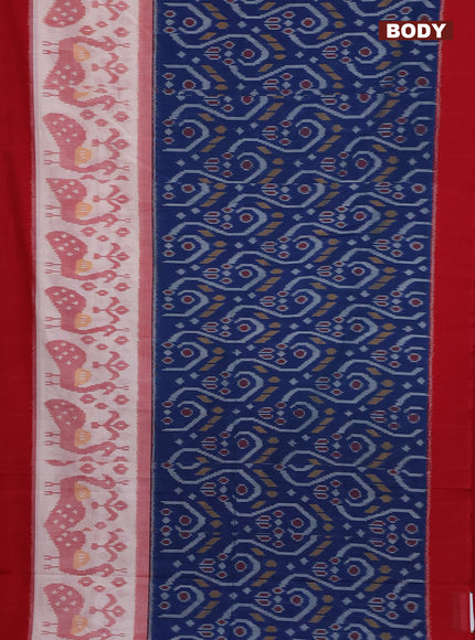 Ikat cotton saree peacock blue and red with allover ikat weaves and simple border