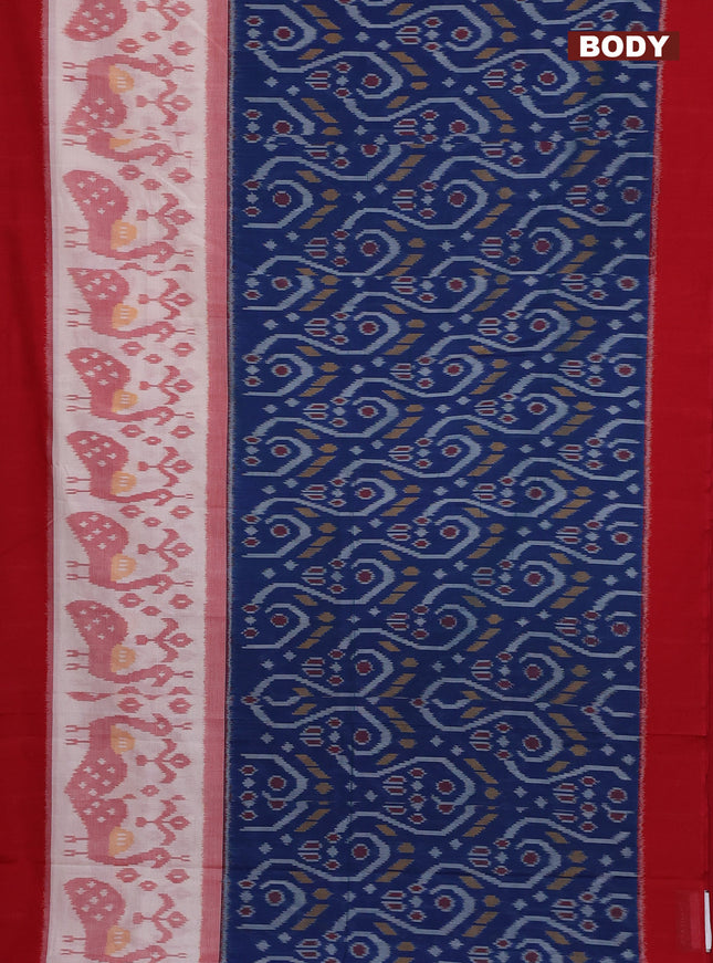 Ikat cotton saree peacock blue and red with allover ikat weaves and simple border
