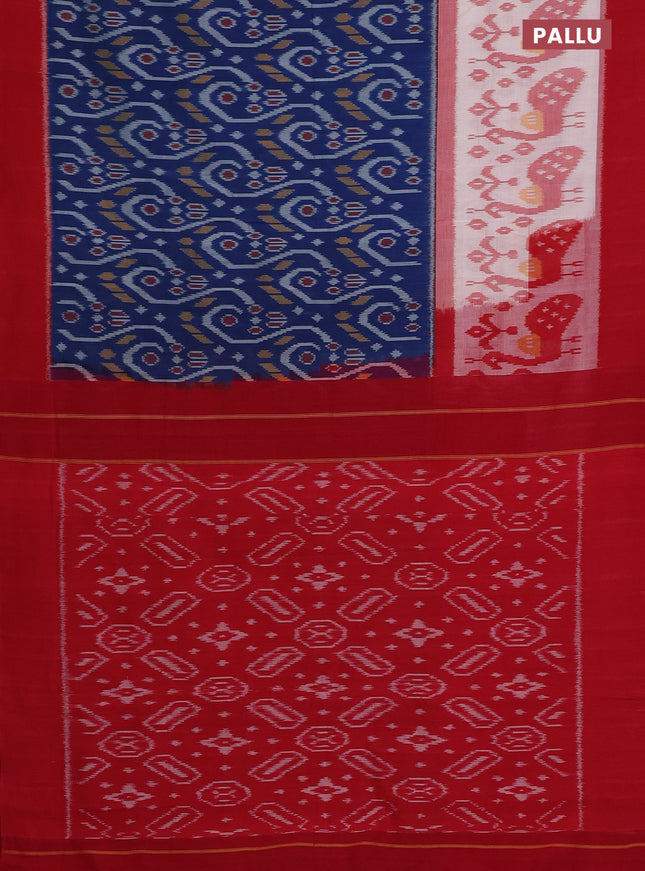 Ikat cotton saree peacock blue and red with allover ikat weaves and simple border