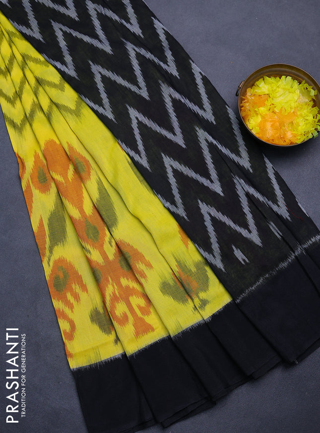 Ikat cotton saree lime yellow and black with allover ikat weaves and simple border