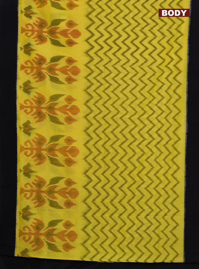 Ikat cotton saree lime yellow and black with allover ikat weaves and simple border