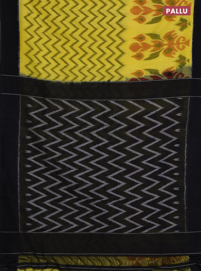 Ikat cotton saree lime yellow and black with allover ikat weaves and simple border