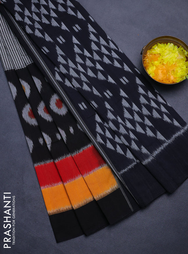 Ikat cotton saree black and multi colour with allover ikat weaves and simple border