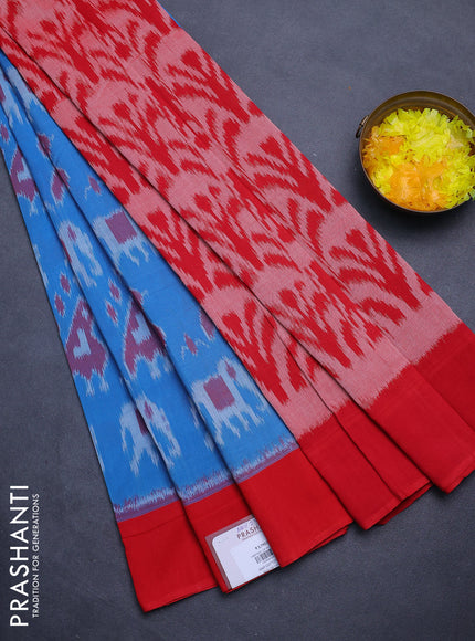 Ikat cotton saree light blue and red with allover ikat weaves and simple border