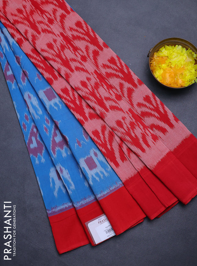 Ikat cotton saree light blue and red with allover ikat weaves and simple border