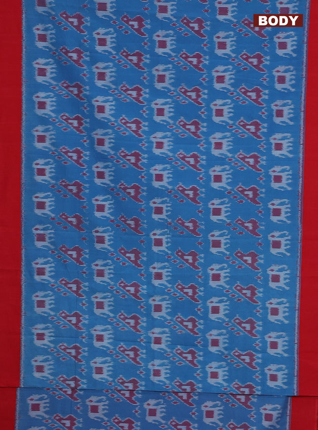 Ikat cotton saree light blue and red with allover ikat weaves and simple border