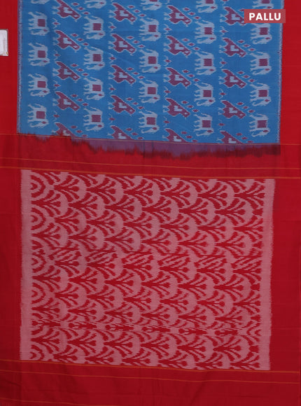 Ikat cotton saree light blue and red with allover ikat weaves and simple border