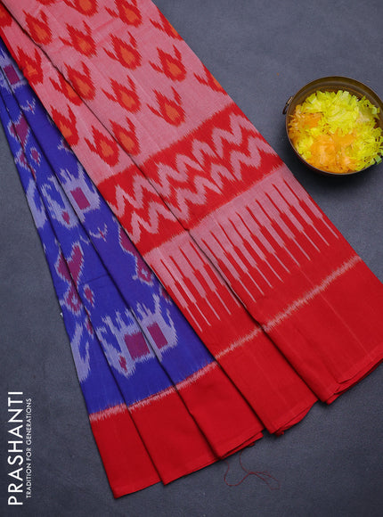 Ikat cotton saree blue and red with allover ikat weaves and simple border