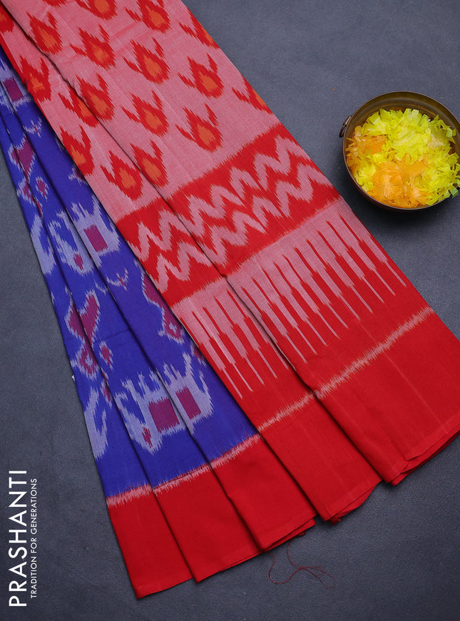 Ikat cotton saree blue and red with allover ikat weaves and simple border