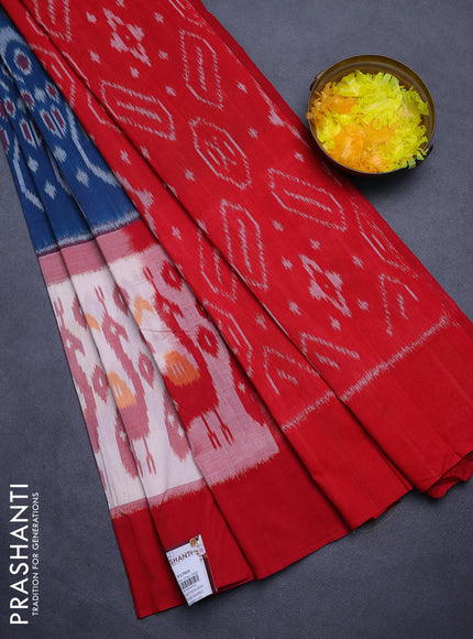 Ikat cotton saree peacock blue and off white kumkum red with allover ikat weaves and simple border