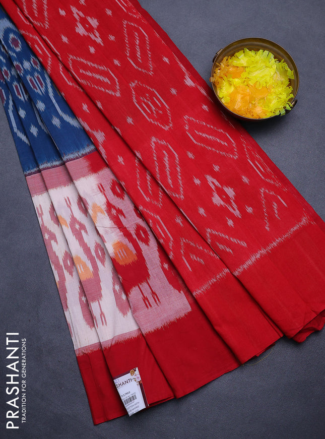 Ikat cotton saree peacock blue and off white kumkum red with allover ikat weaves and simple border