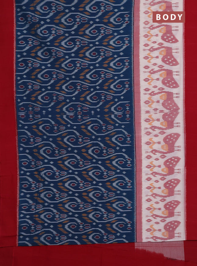 Ikat cotton saree peacock blue and off white kumkum red with allover ikat weaves and simple border