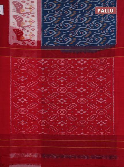 Ikat cotton saree peacock blue and off white kumkum red with allover ikat weaves and simple border