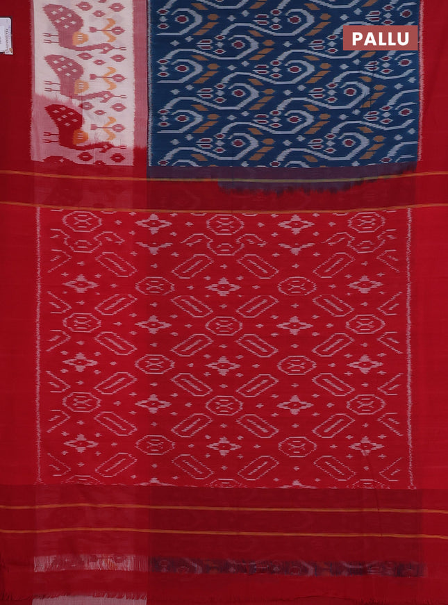 Ikat cotton saree peacock blue and off white kumkum red with allover ikat weaves and simple border