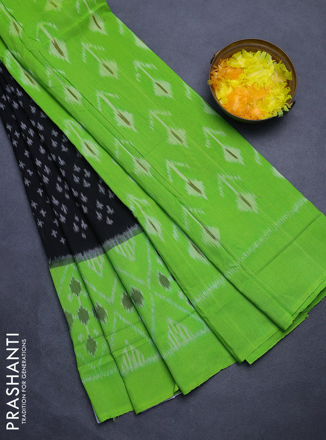 Ikat cotton saree black and light green with allover ikat butta weaves and long ikat woven border