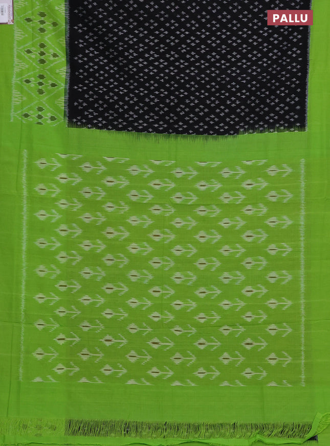 Ikat cotton saree black and light green with allover ikat butta weaves and long ikat woven border