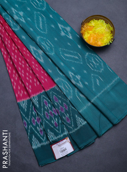 Ikat cotton saree magenta pink and green with allover ikat butta weaves and long ikat woven border