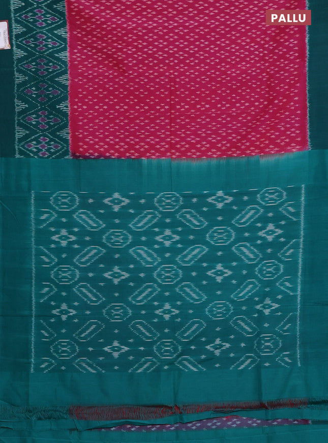 Ikat cotton saree magenta pink and green with allover ikat butta weaves and long ikat woven border