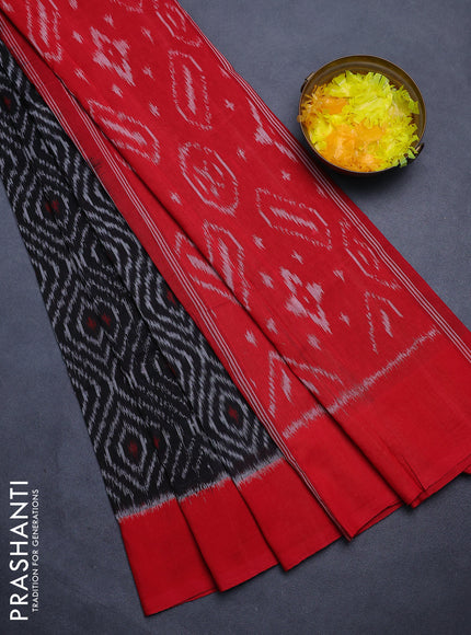 Ikat cotton saree black and red with allover ikat weaves and simple border