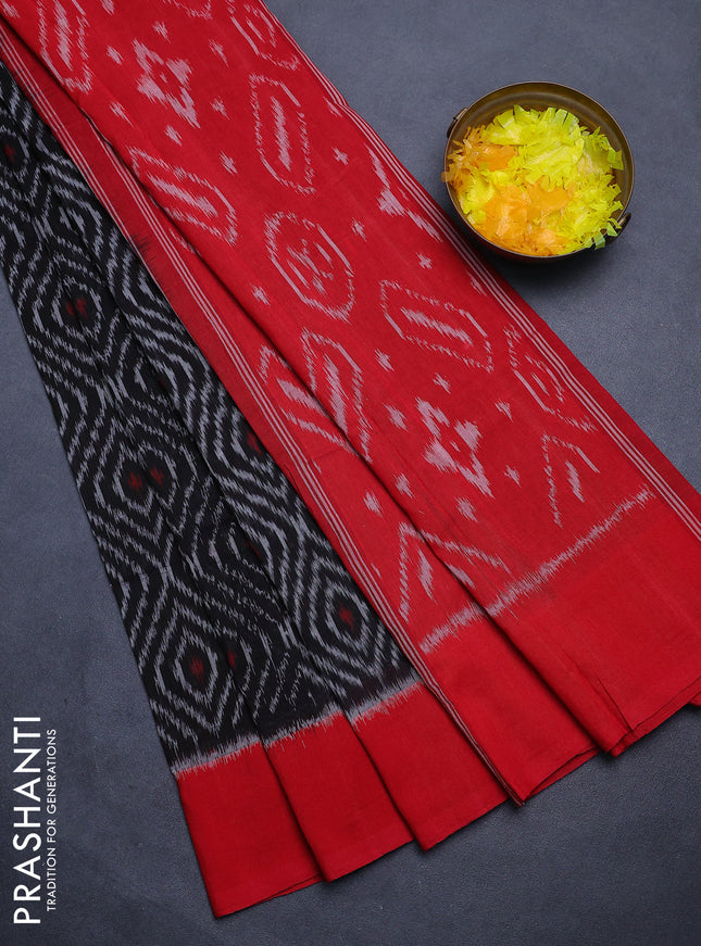 Ikat cotton saree black and red with allover ikat weaves and simple border