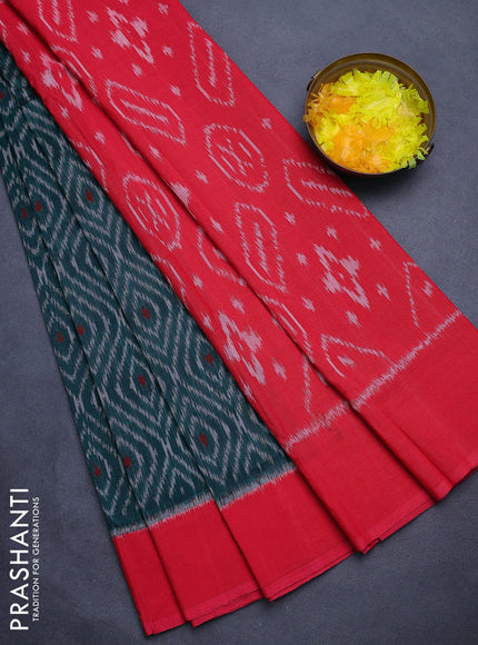 Ikat cotton saree peacock green and red with allover ikat weaves and simple border