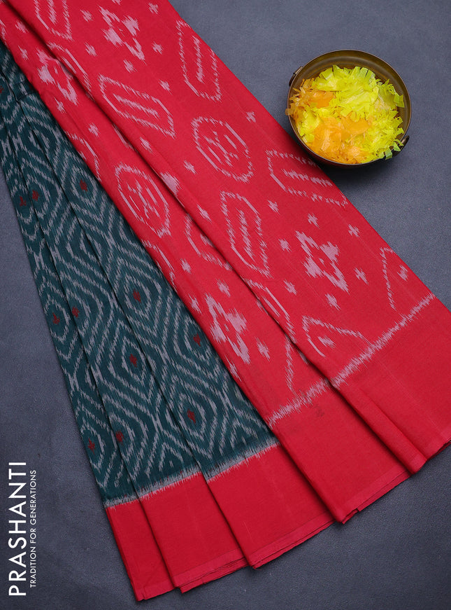 Ikat cotton saree peacock green and red with allover ikat weaves and simple border