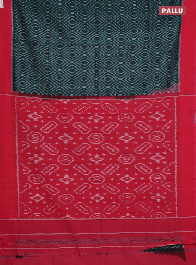 Ikat cotton saree peacock green and red with allover ikat weaves and simple border