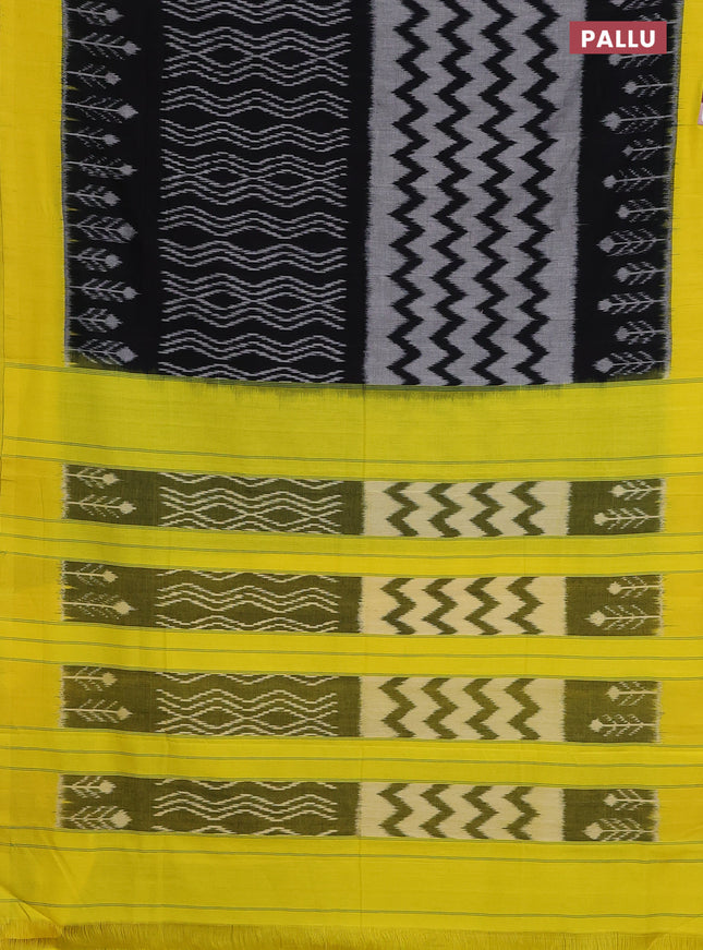 Ikat cotton saree black and yellow with allover zaig zag ikat weaves and simple border