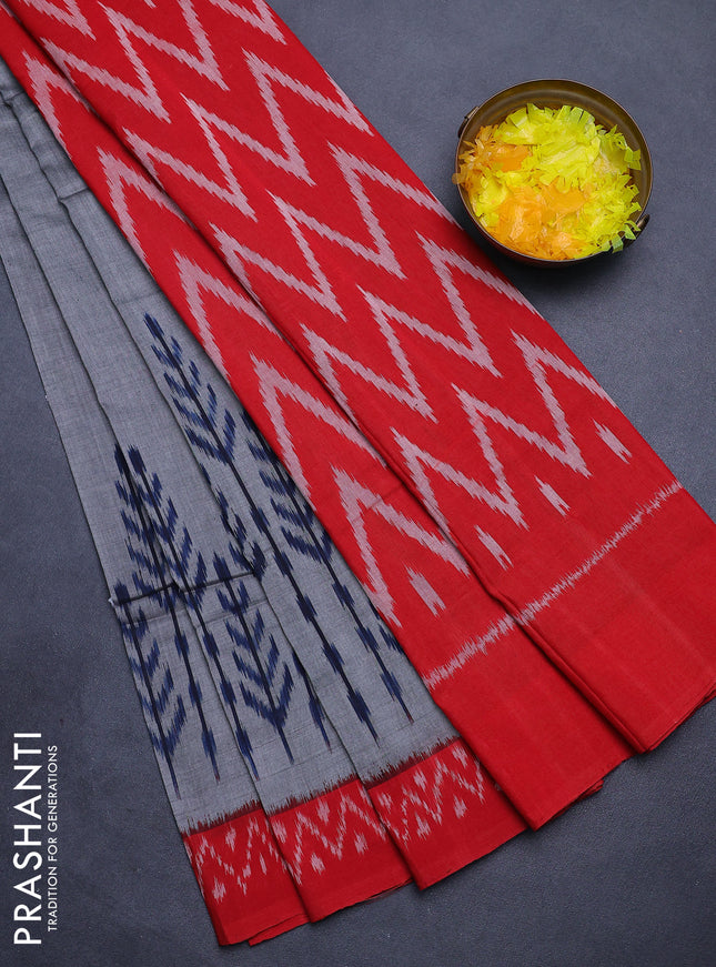 Ikat cotton saree grey and red with plain body and long ikat woven border