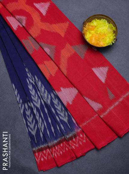 Ikat cotton saree peacock blue and red with plain body and long ikat woven border