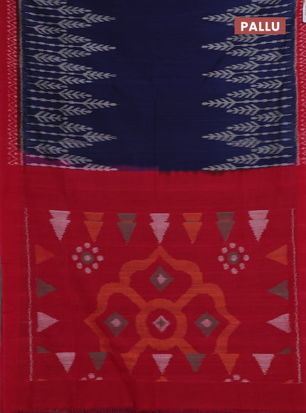Ikat cotton saree peacock blue and red with plain body and long ikat woven border