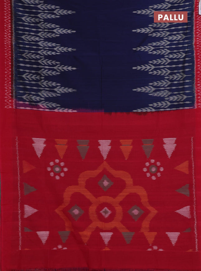 Ikat cotton saree peacock blue and red with plain body and long ikat woven border