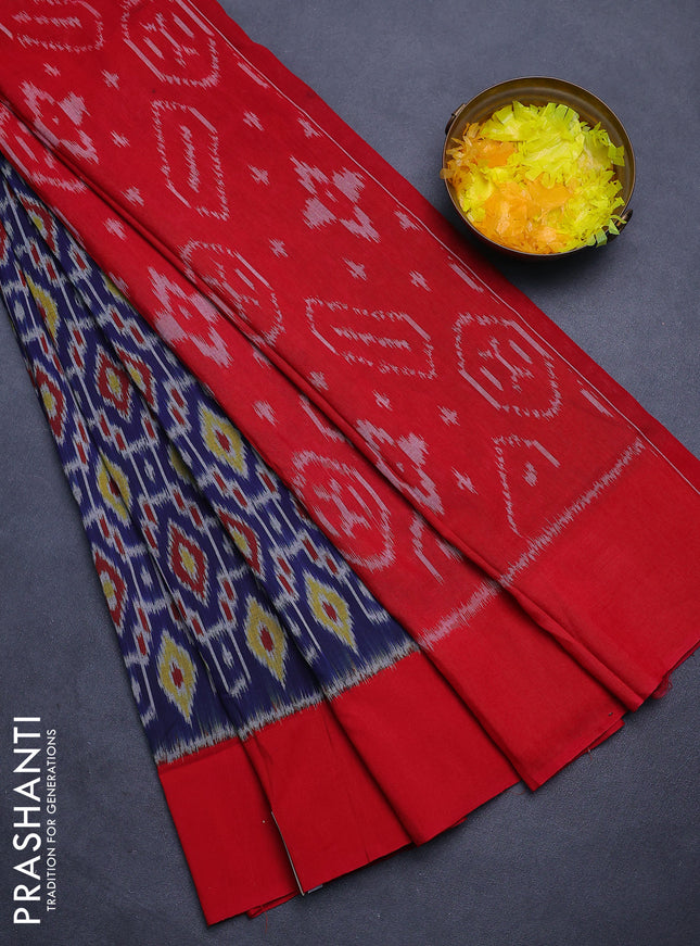 Ikat cotton saree blue and red with allover ikat weaves and simple border
