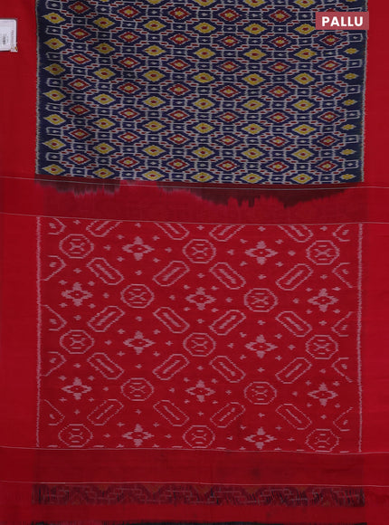 Ikat cotton saree blue and red with allover ikat weaves and simple border