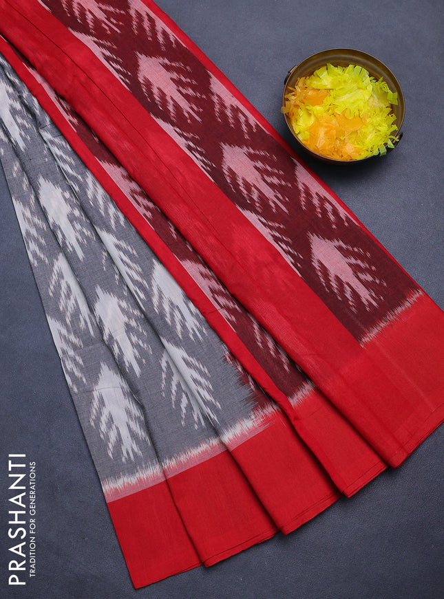 Ikat cotton saree grey and red with allover ikat weaves and simple border