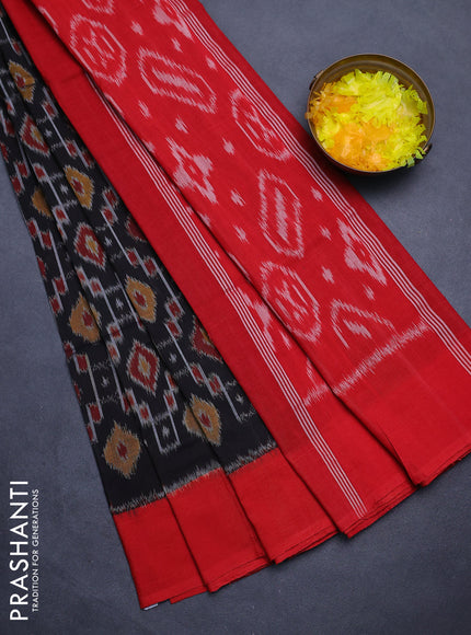 Ikat cotton saree black and red with allover ikat weaves and simple border