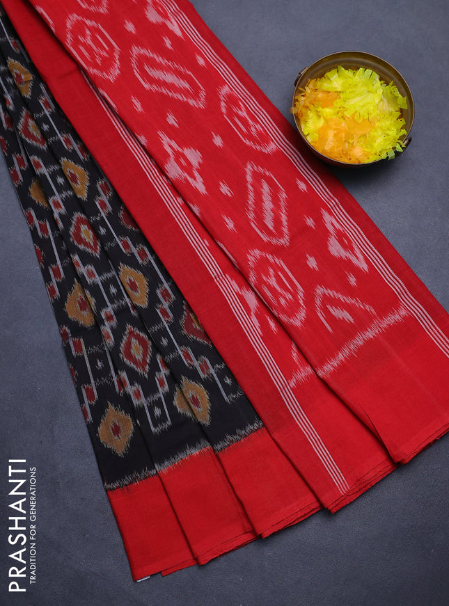 Ikat cotton saree black and red with allover ikat weaves and simple border