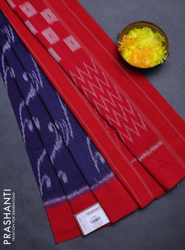 Ikat cotton saree blue and red with allover ikat weaves and simple border